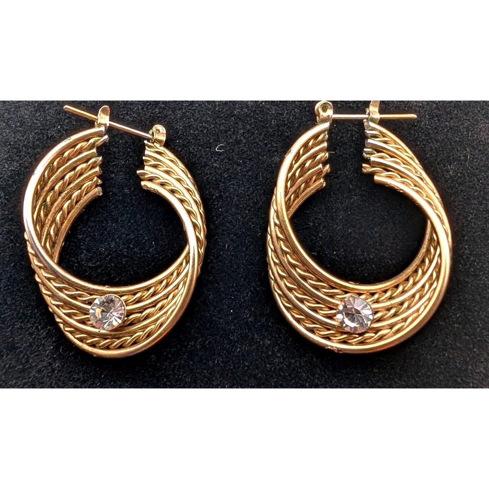 Gold Tone Twisted Rope Hoop Earrings Rhinestone Accent Multi Strand Latch Back